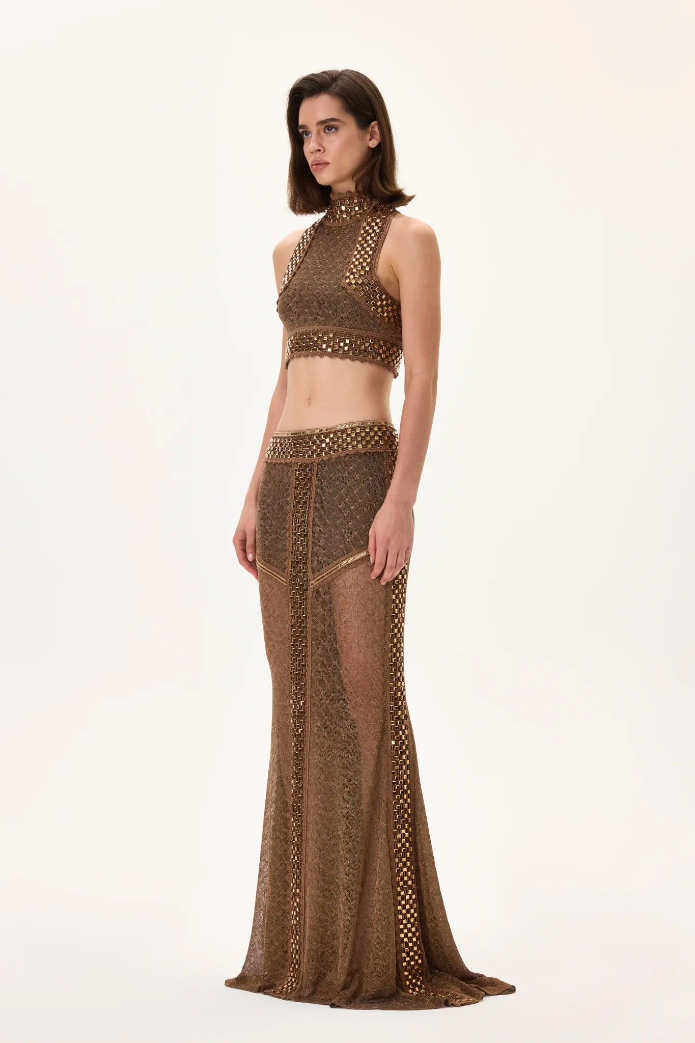 SS26-S-1011-36 raisa_vanessa knitted-maxi-skirt-with-bronze-stone-borderline-and-gold-rhinestone-strips