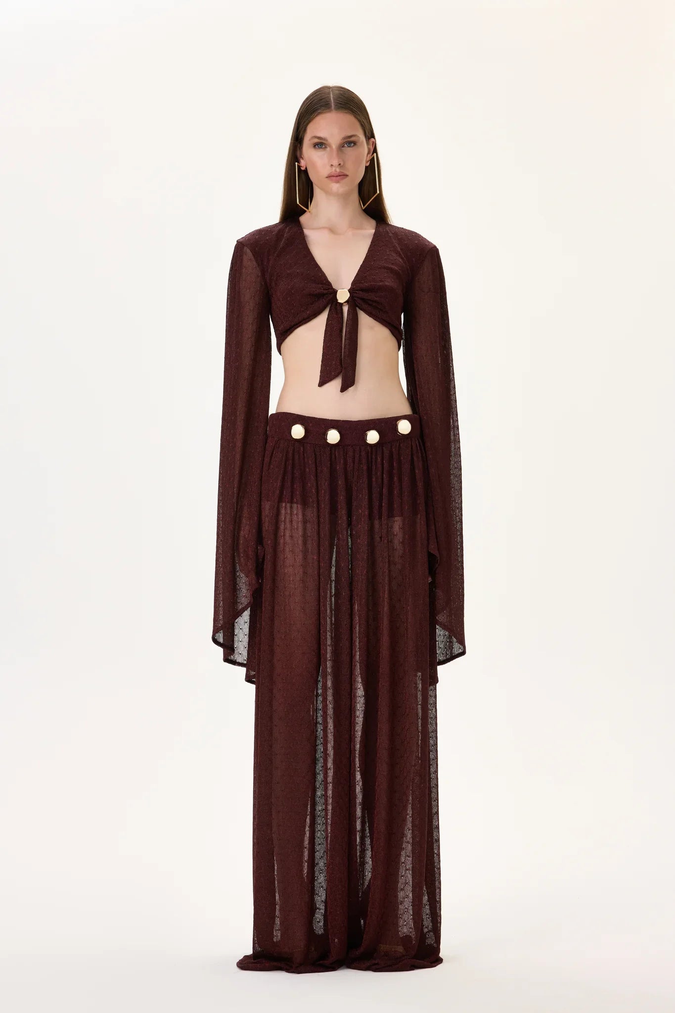 SS26-T-1017-34 raisa_vanessa knitted-burgundy-flare-sleeved-crop-top-with-gold-buckle-and-tie-detail