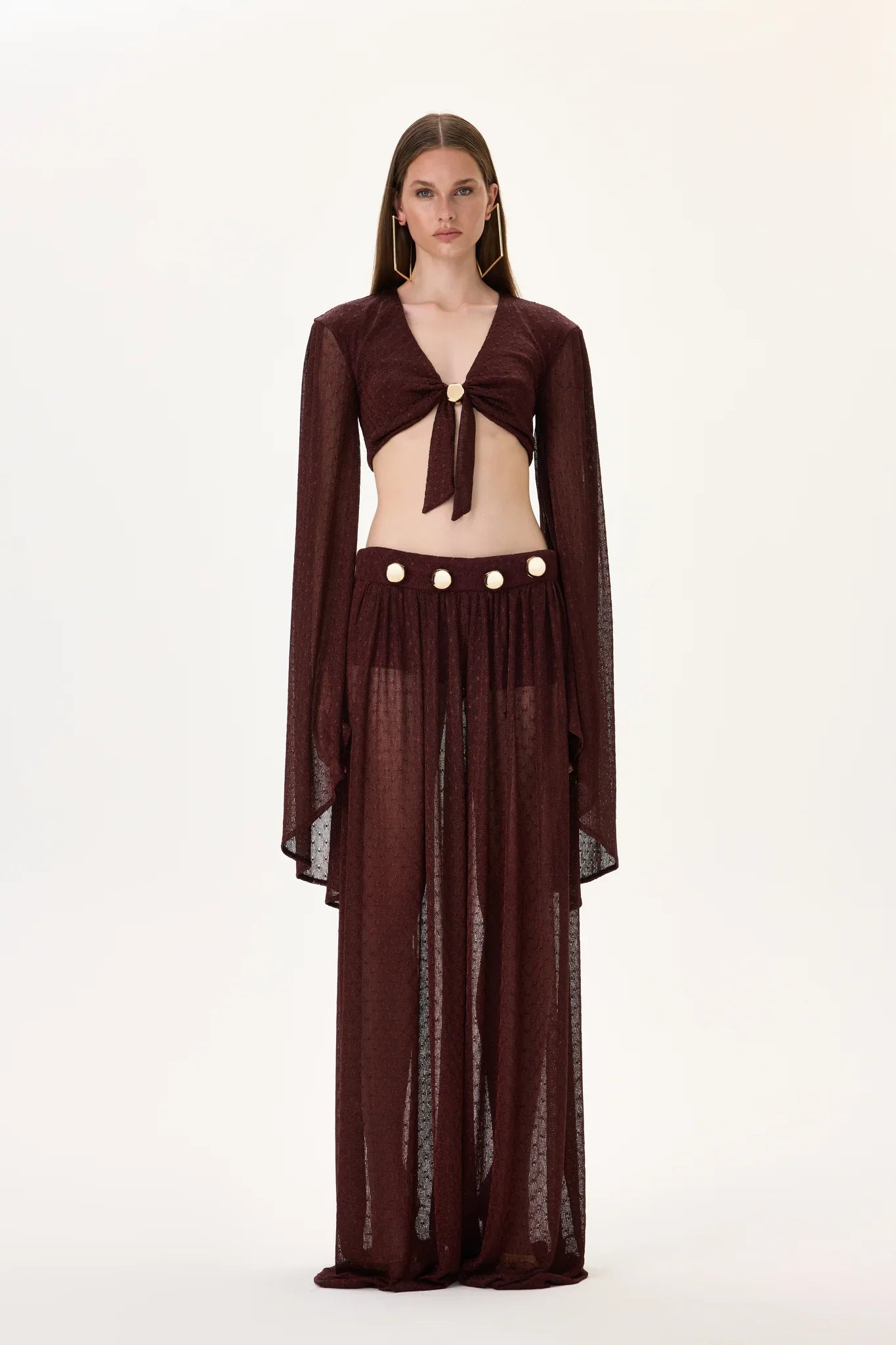 SS26-T-1017-34 raisa_vanessa knitted-burgundy-flare-sleeved-crop-top-with-gold-buckle-and-tie-detail