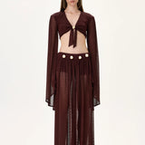 Knitted Burgundy Flare Sleeved Crop Top With Gold Buckle And Tie-Detail