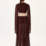 Knitted Burgundy Flare Sleeved Crop Top With Gold Buckle And Tie-Detail