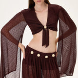 Knitted Burgundy Flare Sleeved Crop Top With Gold Buckle And Tie-Detail