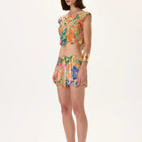 Orange Pleated Viscose Multi Color Flower Printed Top With Gold Foil Accents