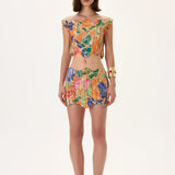 Orange Pleated Viscose Multi Color Flower Printed Mini Skirt With Gold Foil Accents