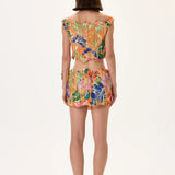 Orange Pleated Viscose Multi Color Flower Printed Mini Skirt With Gold Foil Accents