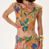 Orange Pleated Viscose Multi Color Flower Printed Top With Gold Foil Accents