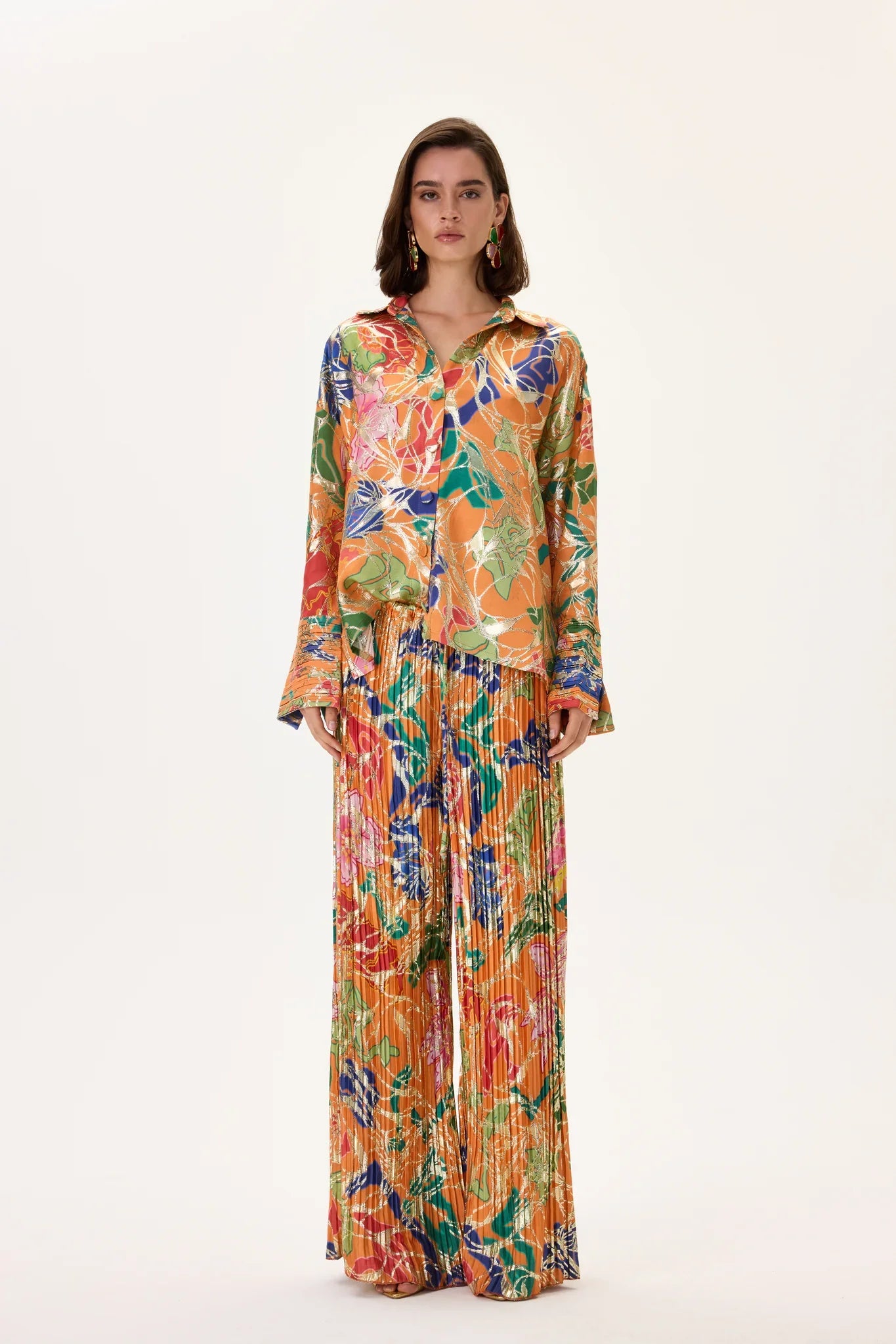 SS26-T-1019-34 raisa_vanessa orange-viscose-multi-color-flower-printed-shirt-with-gold-foil-accents