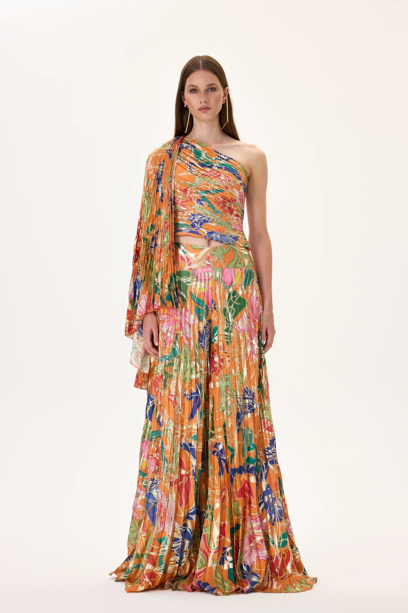 SS26-T-1021-34 raisa_vanessa orange-pleated-viscose-multi-color-flower-printed-one-sleeved-top-with-gold-foil-accents