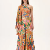 Orange Pleated Viscose Multi Color Flower Printed One Sleeved Top With Gold Foil Accents