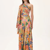 Orange Pleated Viscose Multi Color Flower Printed One Sleeved Top With Gold Foil Accents