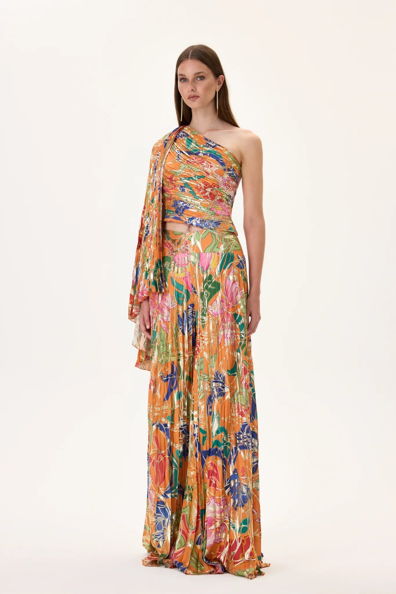 SS26-T-1021-36 raisa_vanessa orange-pleated-viscose-multi-color-flower-printed-one-sleeved-top-with-gold-foil-accents