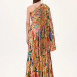 SS26-T-1021-38 raisa_vanessa orange-pleated-viscose-multi-color-flower-printed-one-sleeved-top-with-gold-foil-accents