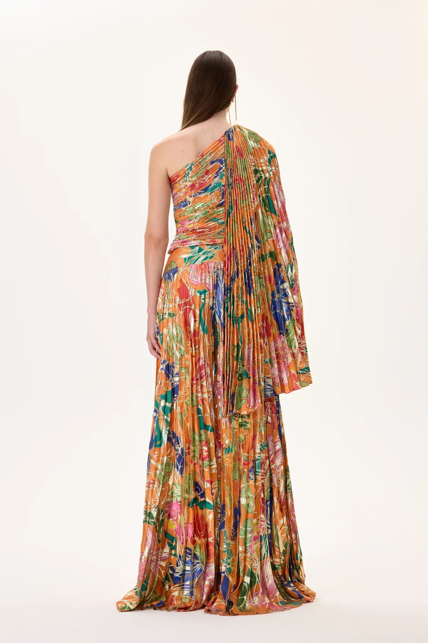 SS26-T-1021-38 raisa_vanessa orange-pleated-viscose-multi-color-flower-printed-one-sleeved-top-with-gold-foil-accents