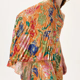 Orange Pleated Viscose Multi Color Flower Printed One Sleeved Top With Gold Foil Accents
