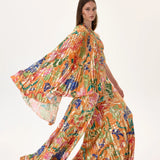 Orange Pleated Viscose Multi Color Flower Printed One Sleeved Top With Gold Foil Accents