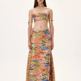 Orange Pleated Viscose Multi Color Flower Printed Strapless Crop Top With Gold Foil Accents