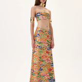 Orange Pleated Viscone Multi Color Flower Printed Strapless Maxi Skirt With Gold Foil Accents