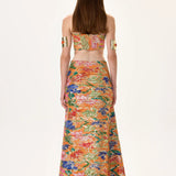 Orange Pleated Viscose Multi Color Flower Printed Strapless Crop Top With Gold Foil Accents