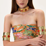 Orange Pleated Viscose Multi Color Flower Printed Strapless Crop Top With Gold Foil Accents