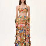 Orange Viscose Multi Color Flower Printed Maxi Skirt With Pleated Ruffles & Gold Foil Accents