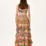 Orange Viscose Multi Color Flower Printed Maxi Skirt With Pleated Ruffles & Gold Foil Accents