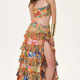 Orange Pleated Viscose Multi Color Flower Printed Crop Top With Gold Foil Accents