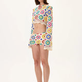 Crochet Multi Color Crystal Printed Long Sleeved Crop Top with Stones