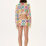 Crochet Multi Color Crystal Printed Long Sleeved Crop Top