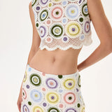Crochet Pastel Multi Color Crystal Printed Mini Skirt With Stones