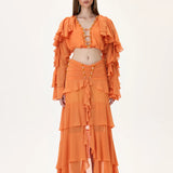 Orange Chiffon Crop Top with Ruffled Sleeves and Stoned Neckline