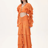 Orange Chiffon Ruffled Skirt with Ruched Waistline and Beadings
