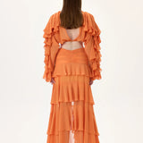 Orange Chiffon Crop Top with Ruffled Sleeves and Stoned Neckline