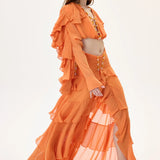 Orange Chiffon Ruffled Skirt with Ruched Waistline and Beadings