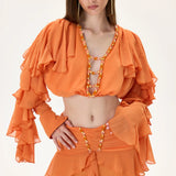 Orange Chiffon Crop Top with Ruffled Sleeves and Stoned Neckline