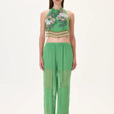 Chiffon Crystal Flower Appliqued Halter Neck Crop Top with Hand-Embroidered Beaded Fringes