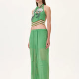 Chiffon Crystal Flower Appliqued Halter Neck Crop Top with Hand-Embroidered Beaded Fringes