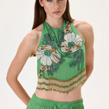 Chiffon Crystal Flower Appliqued Halter Neck Crop Top with Hand-Embroidered Beaded Fringes