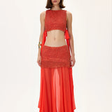 Vivid Pomegranate Pearl Crop Top With Chiffon Tie Detail