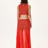 Vivid Pomegranate Pearl Crop Top With Chiffon Tie Detail