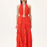 Vivid Pomegranate Chiffon Maxi Skirt With Laser Cut Overlay