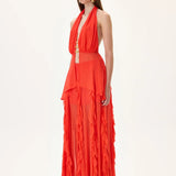 Vivid Pomegranate Chiffon Backless Top With Gold Metal Beadings