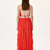 Vivid Pomegranate Chiffon Backless Top With Gold Metal Beadings