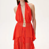 Vivid Pomegranate Chiffon Backless Top With Gold Metal Beadings