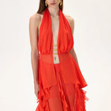 Vivid Pomegranate Chiffon Maxi Skirt With Laser Cut Overlay