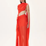 Vivid Pomegranate Chiffon Skirt With Side Slit And Tie Detail