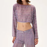 Violet Crystal Printed Chiffon Long Sleeved Crop Top