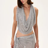 Metallic Silver Armor Cowl Neckline Top