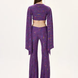 Multicolor Foil-Printed Purple Jersey Crop Top With Flare Sleeves