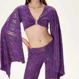 Multicolor Foil-Printed Purple Jersey Crop Top With Flare Sleeves
