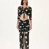 Flower Patterned Gathered Chiffon Crop Top